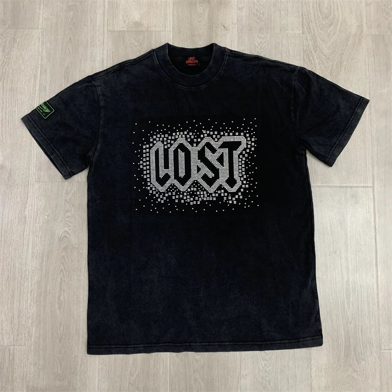 Vale Hot Diamond Washed Water Horse Willow Used Cotton Short sleeved T-shirt