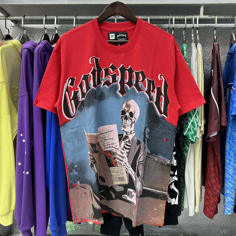Godspeed Newspaper Skull Print Pure Cotton Casual Short Sleeved t-Shirt