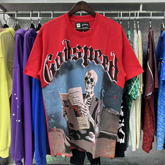 Godspeed Newspaper Skull Print Pure Cotton Casual Short Sleeved t-Shirt