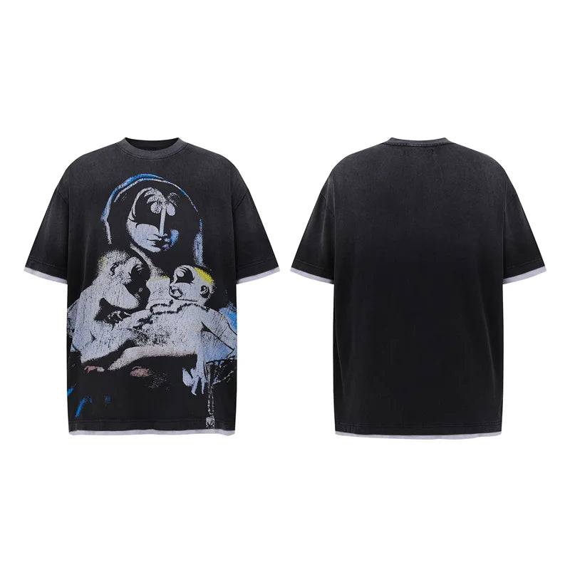 VALE2025 Retro Washed Pattern Printed Fashion T-shirt