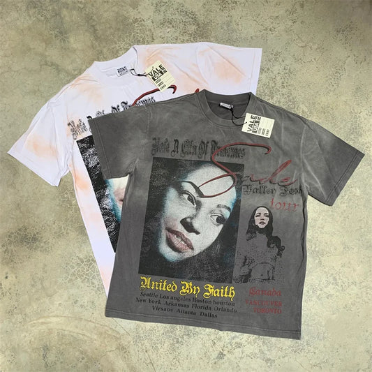 Vale Retro Washed Cement Print Pattern Short Sleeved t-Shirt