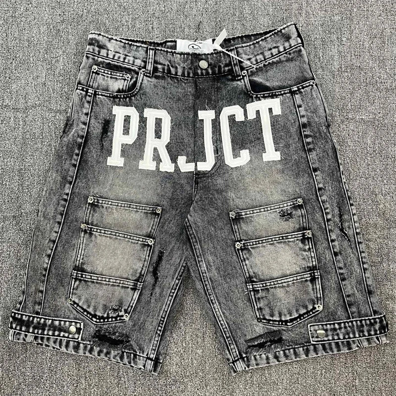 Project Retro Washed Letter Embroidered workwear Cowboy Casual Shorts