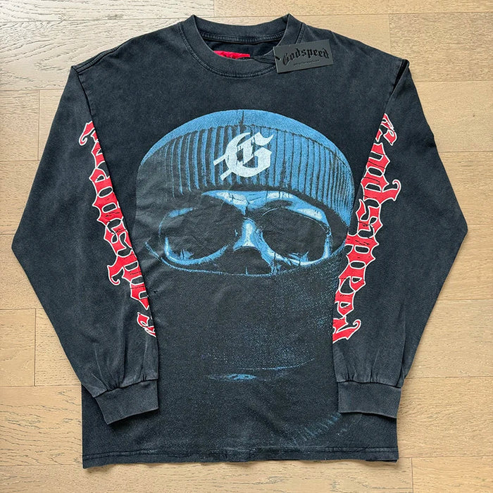 1097 # Godspeed Fashion Retro Washed Street Cotton Loose Long Sleeve T-shirt
