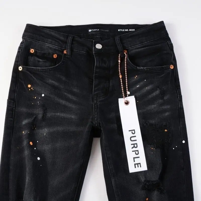 Purple New Men's Knee Ripped Straight Jeans American High Street Inkjet Black Stretch MEN JEANS