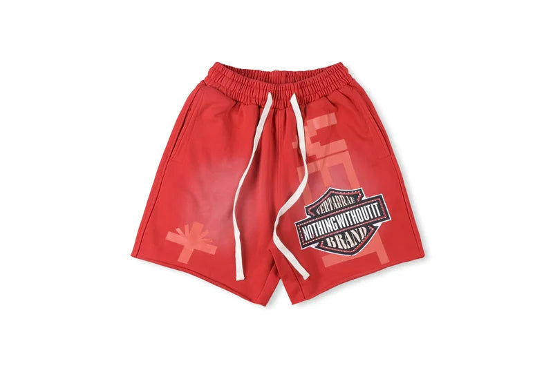 Vert Retro Washed Water Embroidered Mud Print Drawstring Letter Loose Casual Shorts