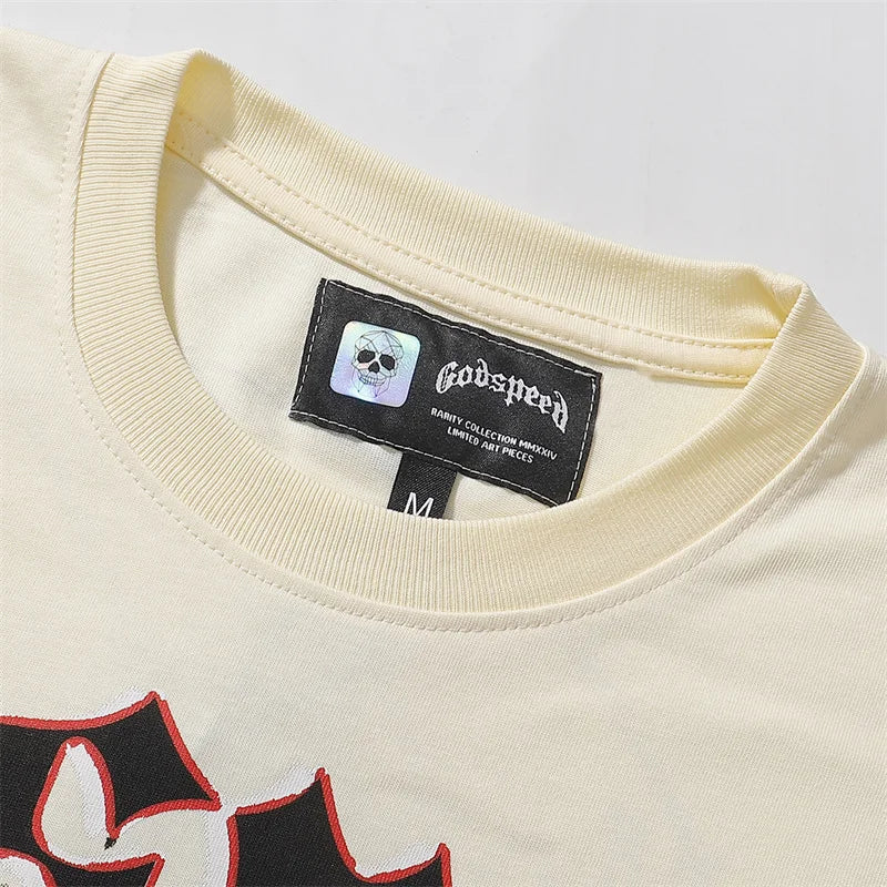 Godspeed Newspaper Skull Print Pure Cotton Casual Short Sleeved t-Shirt
