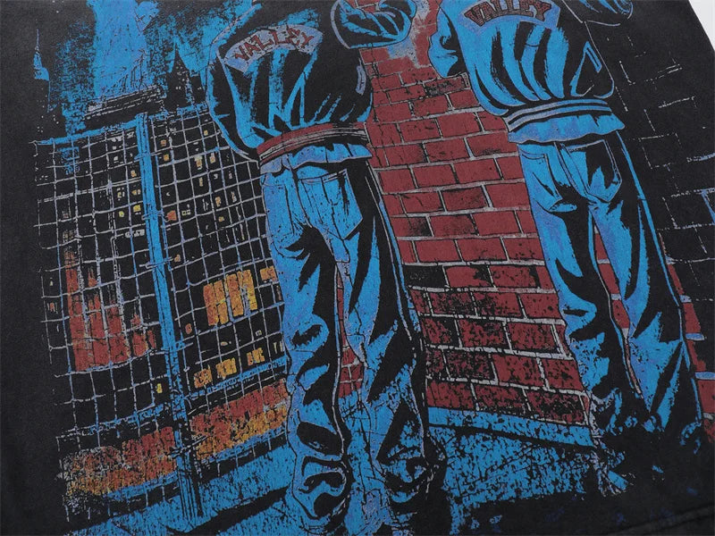 VALE2025 Retro Washed City Wall Poster Printed Fashion T-shirt