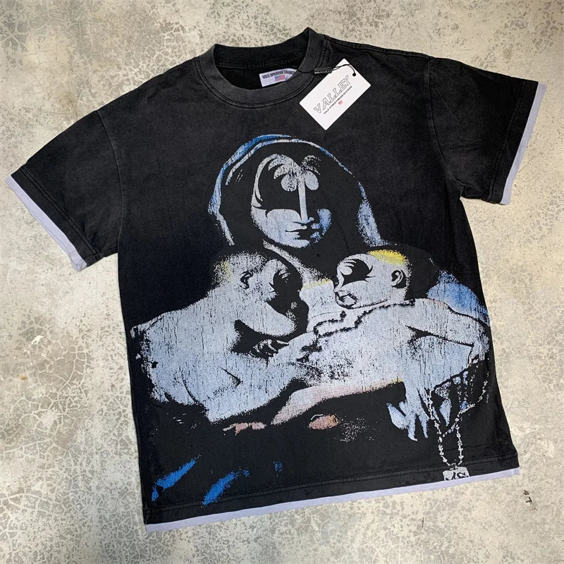 VALE2025 Retro Washed Pattern Printed Fashion T-shirt