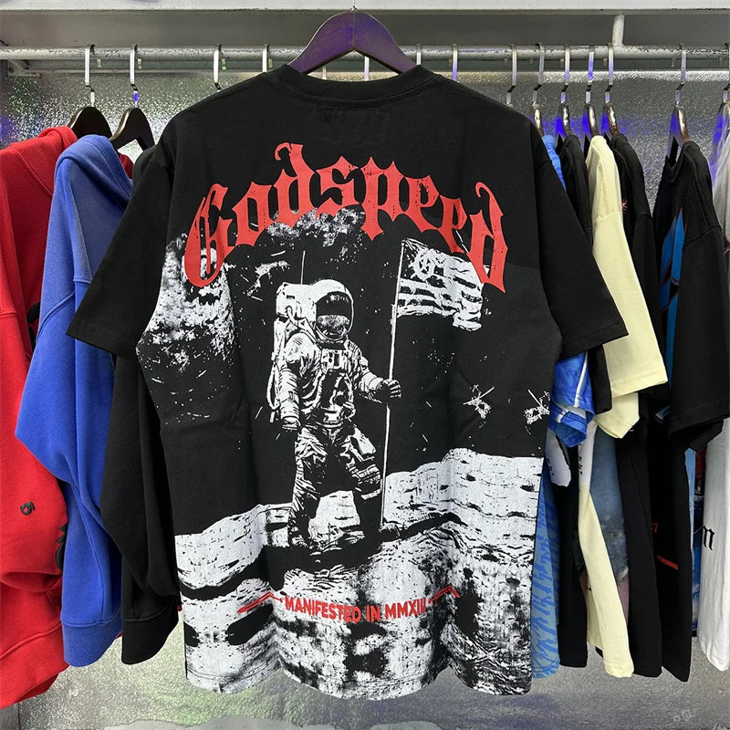 Godspeed Moon Print Double Yarn Pure Cotton Casual Short Sleeved t-Shirt