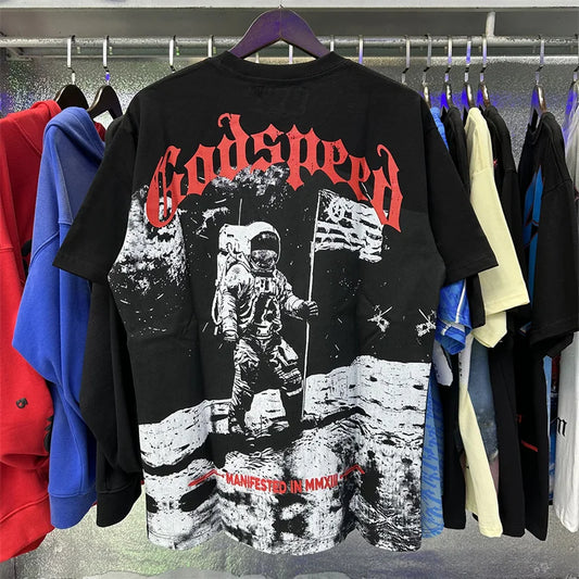 Godspeed Moon Print Double Yarn Pure Cotton Casual Short Sleeved t-Shirt