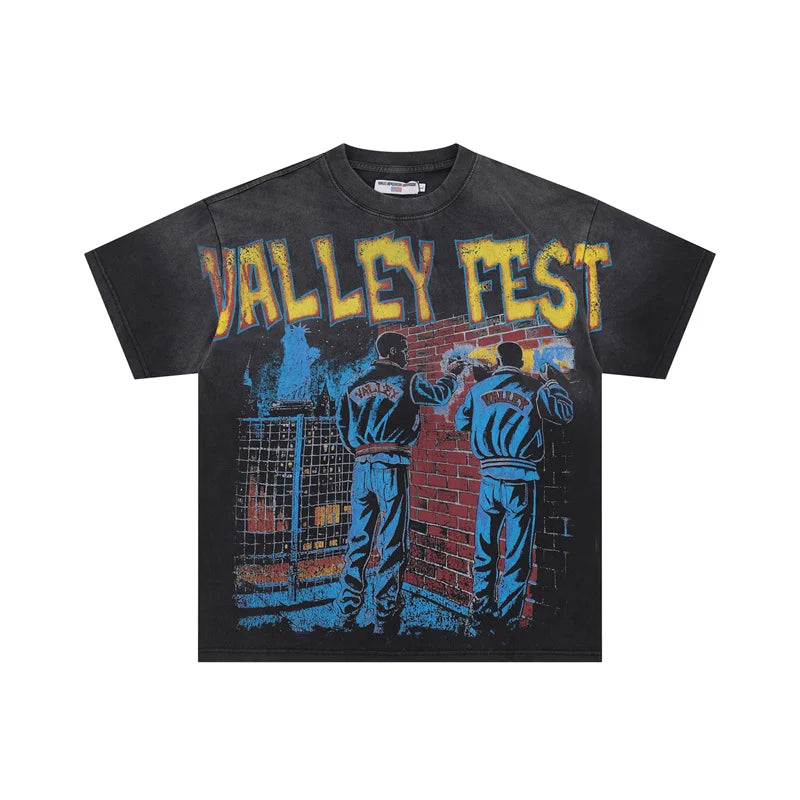 VALE2025 Retro Washed City Wall Poster Printed Fashion T-shirt