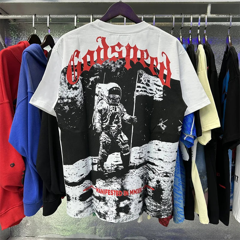 Godspeed Moon Print Double Yarn Pure Cotton Casual Short Sleeved t-Shirt