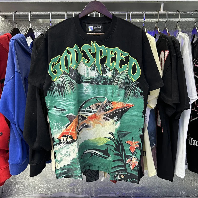 Godspeed Speedboat Print High-Quality Round Neck Short Sleeved Shirt