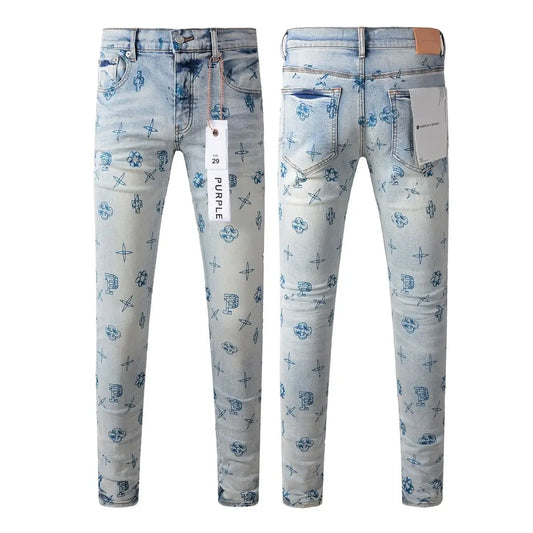 Purple new slim-fit hand-painted printed pants light blue