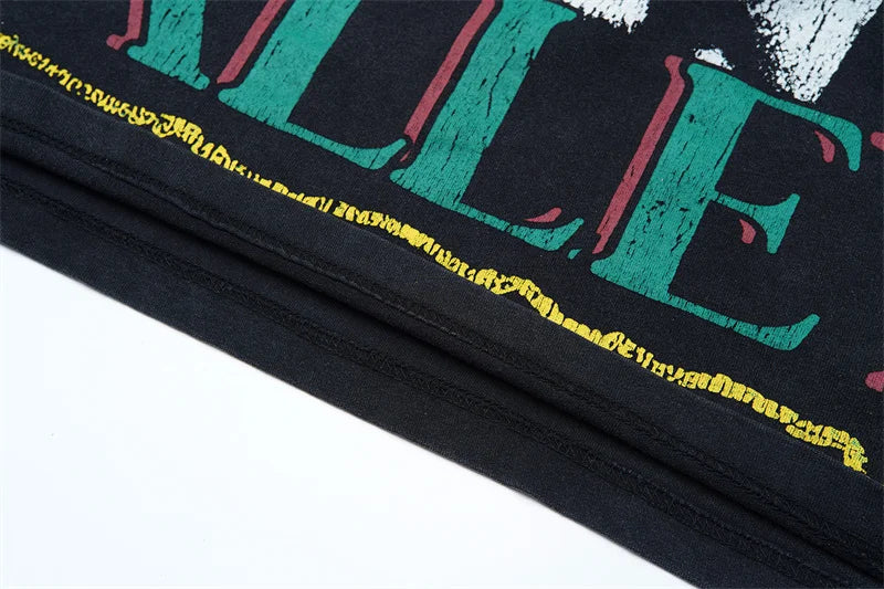 Vale European And American Fashion Pure Cotton Printed Retro Washed Round Neck Black Short Sleeved Shirt