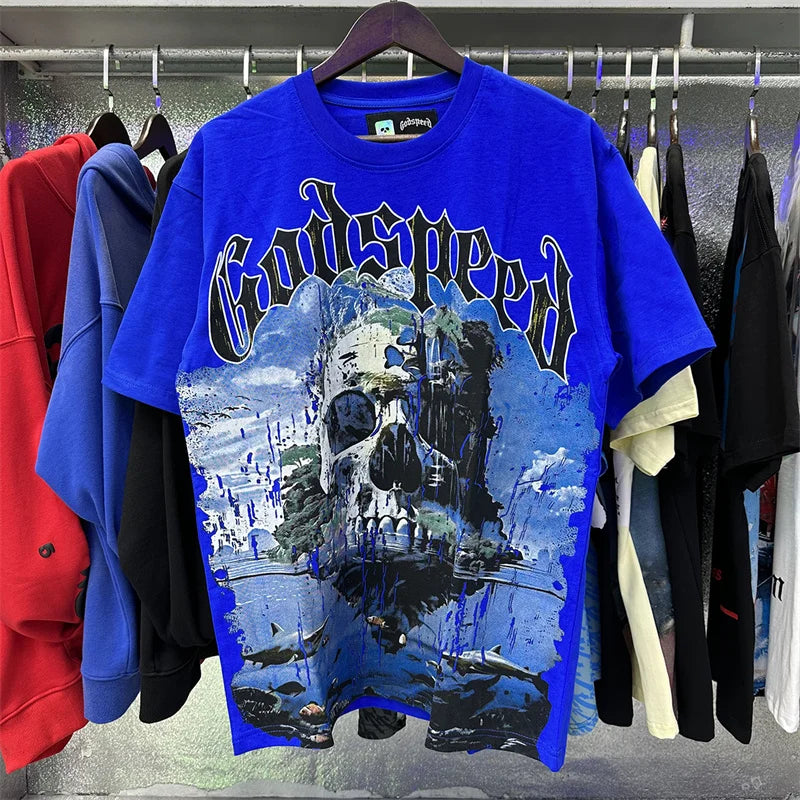 Godspeed Skeleton Landscape Printed Cotton Casual Short Sleeved T-shirt For Men And Women