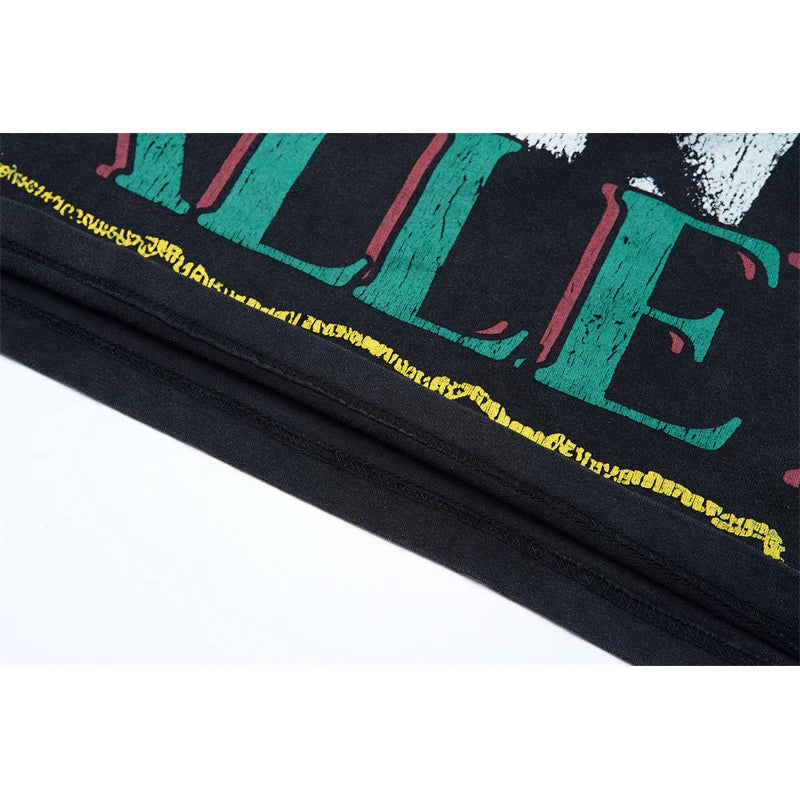 Vale European And American Fashion Pure Cotton Printed Retro Washed Round Neck Black Short Sleeved Shirt