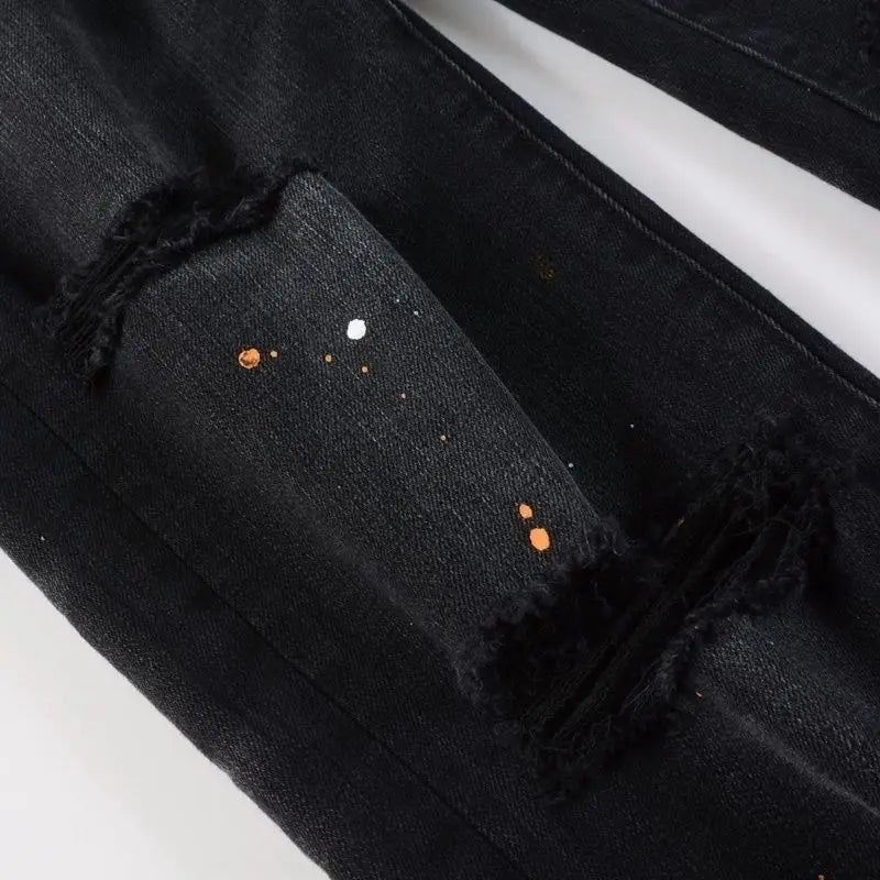 Purple New Men's Knee Ripped Straight Jeans American High Street Inkjet Black Stretch MEN JEANS