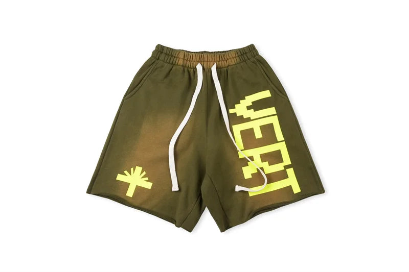 Vert Retro Washed Water Embroidered Mud Print Drawstring Letter Loose Casual Shorts