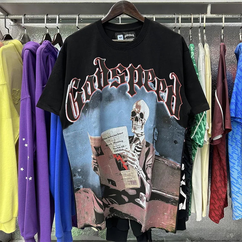 Godspeed Newspaper Skull Print Pure Cotton Casual Short Sleeved t-Shirt