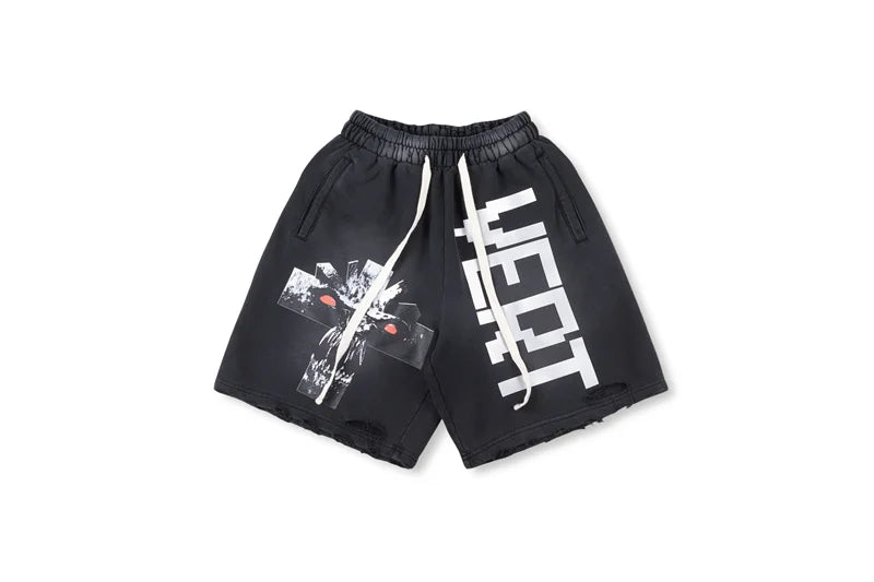 Vert Retro Washed Water Embroidered Mud Print Drawstring Letter Loose Casual Shorts