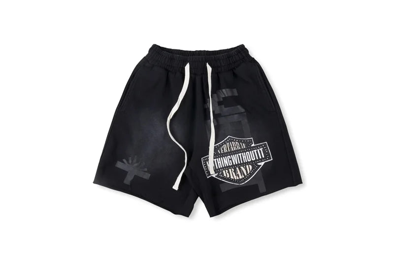 Vert Retro Washed Water Embroidered Mud Print Drawstring Letter Loose Casual Shorts
