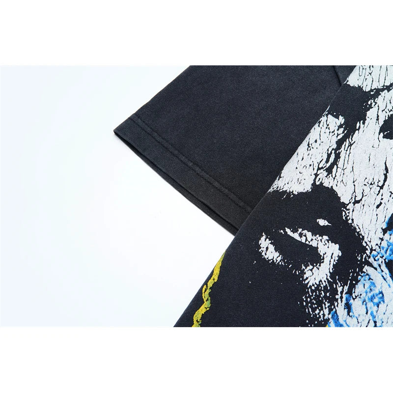 Vale European And American Fashion Pure Cotton Printed Retro Washed Round Neck Black Short Sleeved Shirt