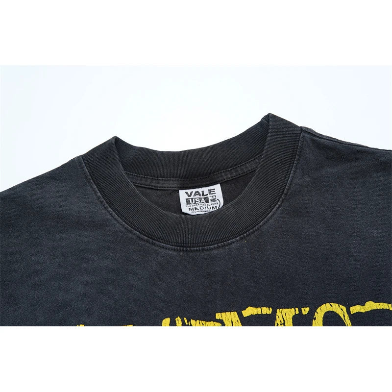 Vale European And American Fashion Pure Cotton Printed Retro Washed Round Neck Black Short Sleeved Shirt