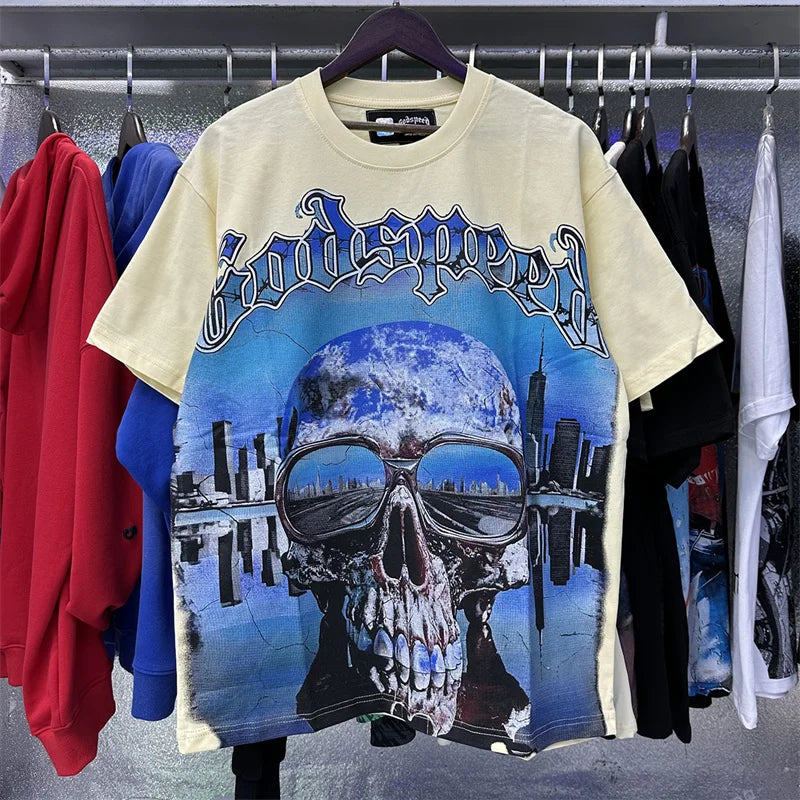 Godspeed Skeleton City Reflection Printed Cotton Casual Short sleeved T-shirt