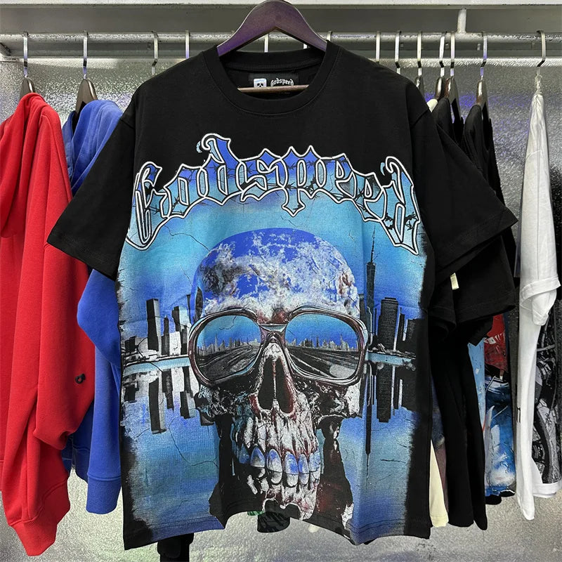 Godspeed Skeleton City Reflection Printed Cotton Casual Short sleeved T-shirt