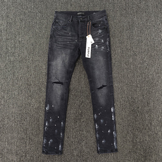 Purple jeans P001 lack Resin Knee Slit Low Rise Skinny Men Jeans